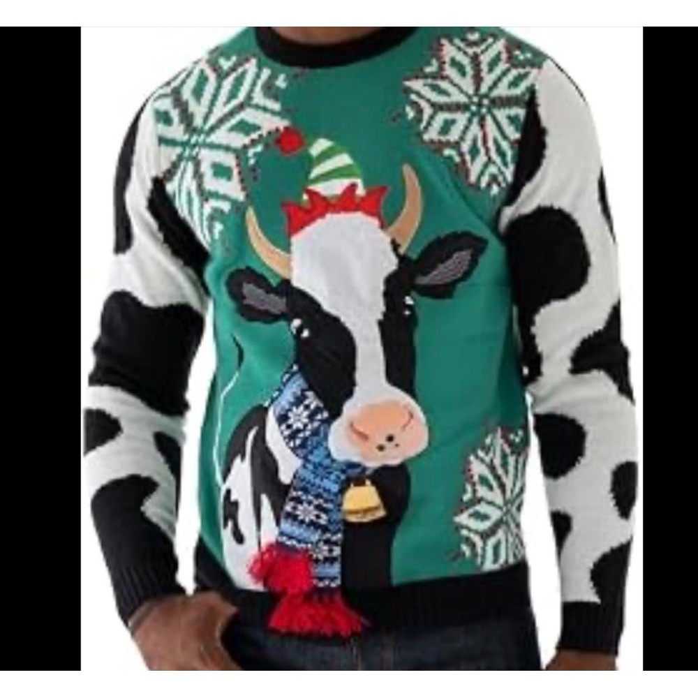 Jolly Sweaters Cow Ugly Christmas Sweater Green Red Cow Print Sz XL Funny Holida